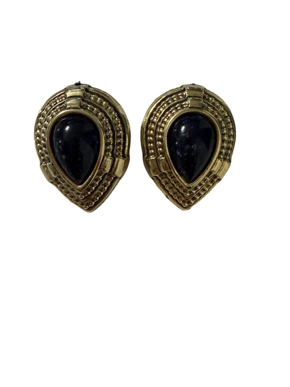 Vintage Black Cabochon Gold Tone Clip On Earrings Teardrop Statement Costume Jew